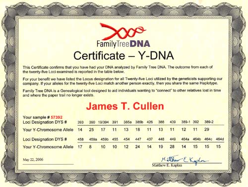 Y-DNA Certificate from FamilyTreeDNA