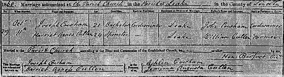 Marriage certificate of Harriet Agnes Cullen - Oct 11, 1860